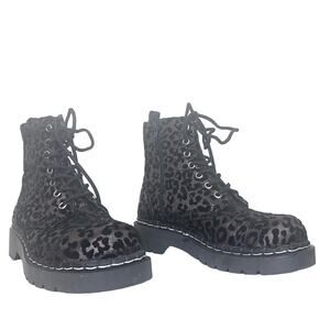 TUK Anarchic Boot Velvet Leopard Combat Moto Platform Lace Up Black US 6